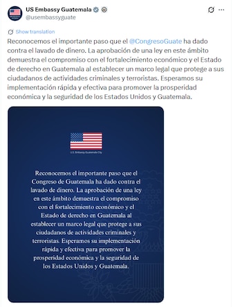 El Congreso de Guatemala aprobó con 147 votos la Ley Integral para la Prevención y Represión del Lavado de Dinero u Otros Activos y del Financiamiento. (Cortesía: Embajada de Estados Unidos en Guatemala)