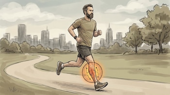 Ilustración de un hombre barbudo de unos 40 años corriendo en un parque con edificios al fondo, su pierna derecha muestra los músculos de la pantorrilla resaltados.