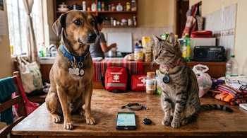Un perro y un gato sentados en una mesa de madera junto a un teléfono celular, un pequeño localizador y dos mochilas rojas de emergencia.