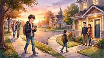 Ilustración de un niño caminando por la acera con un teléfono celular, dos amigos al fondo y dos adultos en el pórtico de una casa.