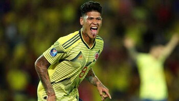 Colombia's Jorge Carrascal celebrates after scoring a goal against Ecuador during a South America Olympic qualifying U23 soccer match at Centenario stadium in Armenia, Colombia, Tuesday, Jan. 21, 2020. (AP Photo/Fernando Vergara)