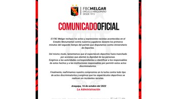 Comunicado de Melgar sobre la