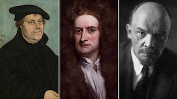 Tres retratos: una pintura de Martín Lutero, una pintura de Isaac Newton con cabello largo, y una fotografía en blanco y negro de Vladímir Lenin