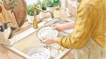 Manos lavando un plato en un fregadero. Grifo dorado con agua. Botellas de jabón, cepillo, tablas de madera y plantas en maceta alrededor.