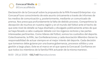 Publicación de Concacaf Media en red social con su logo y un comunicado de texto sobre la propuesta FIFA Forward Enterprise, fecha y reproducciones