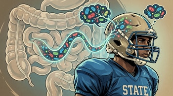 Ilustración de un jugador de fútbol americano con casco, conectada visualmente a un intestino estilizado lleno de bacterias de colores brillantes, sobre un fondo neutro.