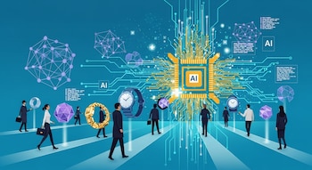 Ilustración de figuras caminando hacia un chip dorado central con circuitos. Relojes, maletines y patrones de IA flotan en un fondo azul petróleo, con toques lila y cian.