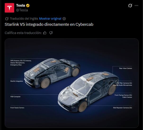 Tesla anuncia que su Cybercab integrará una antena de Starlink. (Tesla)