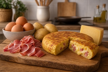 Una tortilla cortada con relleno de jamón y queso, un tazón con huevos, patatas, lonchas de jamón y un trozo de queso sobre una tabla de madera.