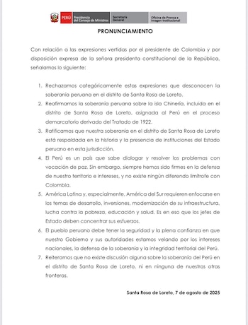 Este es el comunicado que emitió el Gobierno de Perú tras las declaraciones del presidente Petro - crédito Gobierno de Perú