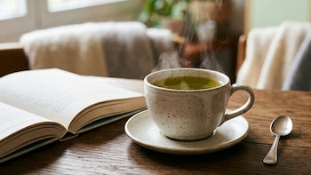 Taza de cerámica con té verde caliente humeante, plato, cuchara de plata y libro abierto sobre una mesa de madera oscura