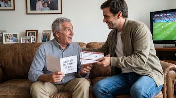 Um filho sorridente dá ao pai um ingresso para a Copa do Mundo de Futebol e um cartão em um sofá de couro. A televisão está exibindo uma partida de futebol.