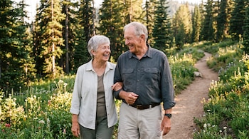 Dos adultos mayores sonrientes caminan en un sendero de tierra. Un hombre de camisa oscura y una mujer de camisa a rayas. Bosque de pinos y vegetación abundante.