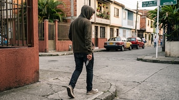 Persona con capucha vista de espaldas que sostiene una navaja en la mano mientras avanza por una calle cerca de una señal vial.