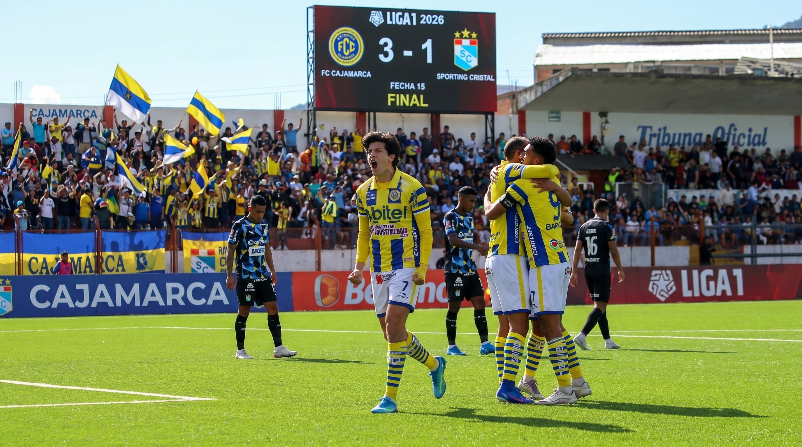 Los jugadores del FC Cajamarca celebran en el campo su victoria de 3-1 sobre Sporting Cristal, con el marcador electrónico visible y la afición eufórica en las gradas durante la fecha 15 de la Liga 1 2026. (Imagen Ilustrativa Infobae)