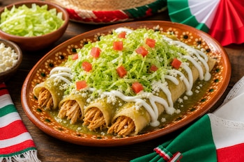 Enchiladas verdes de pollo adornadas con crema, queso, lechuga y tomate en una fuente de barro sobre una mesa decorada con colores patrios.