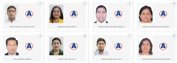 Panel con ocho fotos tipo carné de candidatos a diputados por Piura, cuatro hombres y cuatro mujeres, cada una junto a un logo "A" rojo y azul y su nombre