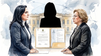Ilustración de María Fernanda Cabal y Rosa Yolanda Villavicencio frente a frente, carpeta con documentos, silueta de persona, Palacio San Carlos y mapa mundial.