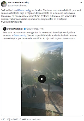 Susana Muhamad advirtió sobre persecución a opositores tras arresto de Beto Coral - crédito @susanamuhamad/X