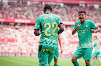 Yaser Asprilla celebrando su anotación con el Girona, en la segunda división del fútbol español - crédito @yaser_asprilla_10/Instagram