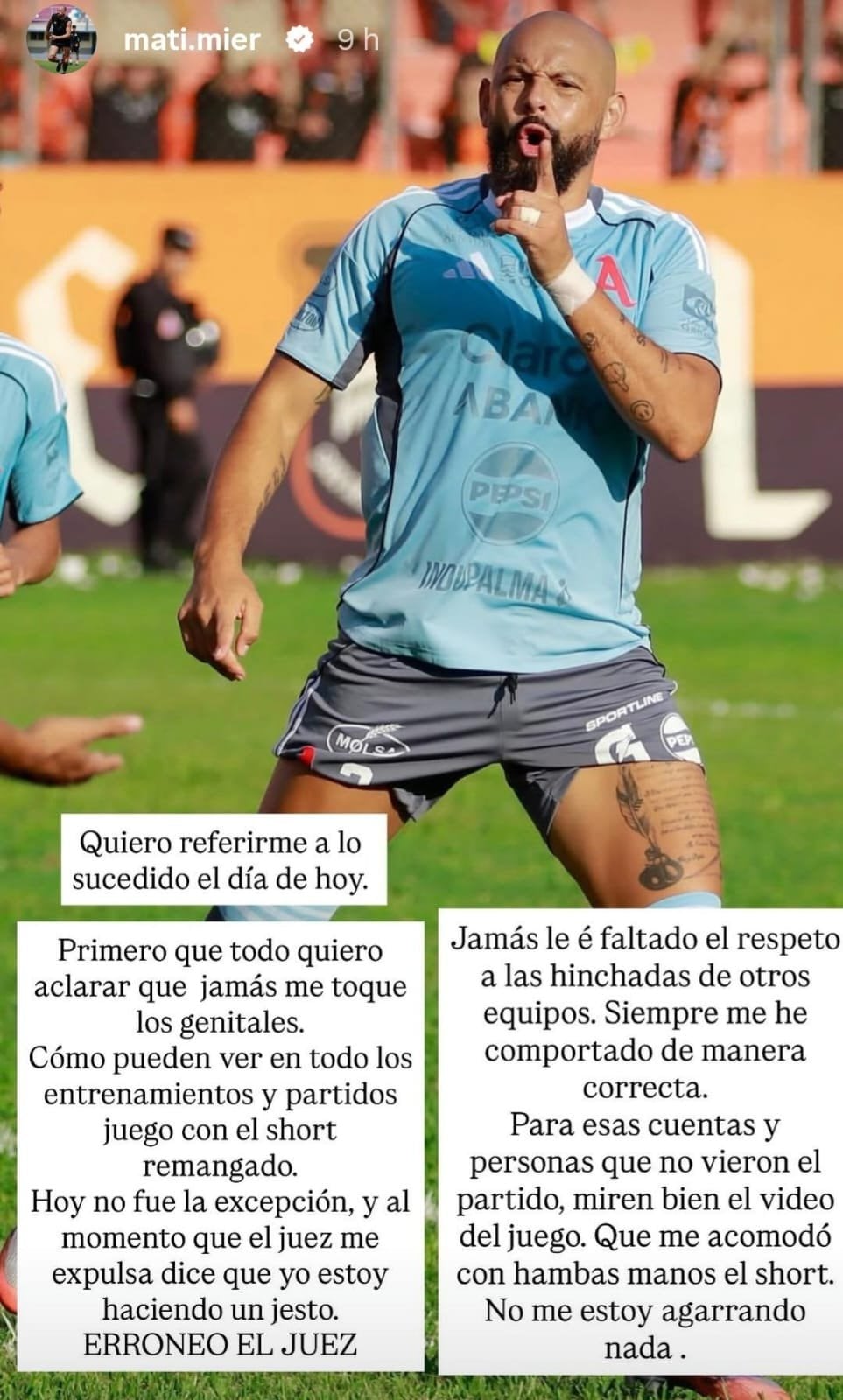 Matías Mier salió a aclarar su gesto a los aficionados de Águila en El Salvador, pues se le acusó de una acción obscena y provocadora - crédito @mati.mier/Instagram