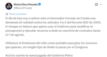 La senadora María Clara Posada solicitó una medida cautelar para suspender de manera inmediata los efectos de las disposiciones demandadas mientras el alto tribunal resuelve de fondo la controversia - crédito @MaclaPosada/X