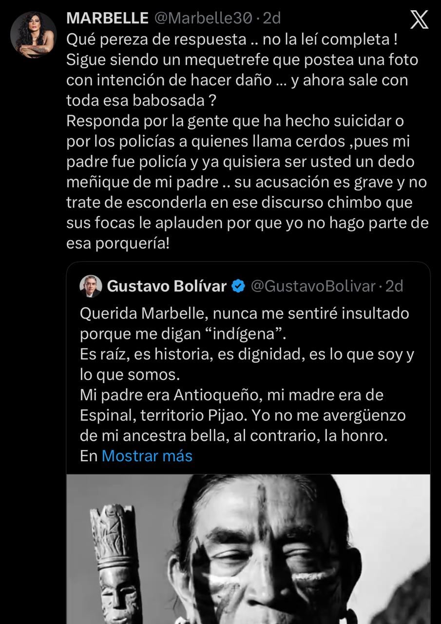 Marbelle aseguró que no leyó completa la respuesta de Gustavo Bolívar por la publicación que la artista compartió atacándolo por la confusión del padre de la artista con Papá Pitufo - crédito @Marbelle30/X