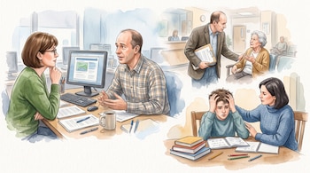 Ilustración en acuarela con tres escenas de personas conversando en una oficina, una sala de espera y una mesa con útiles escolares.