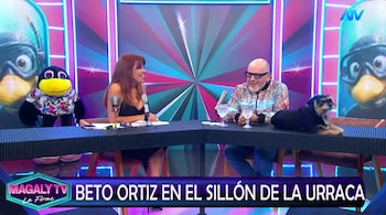 Magaly Medina y Beto Ortiz sentados en un estudio de televisión con mesa, dos micrófonos, dos copas, un perro, un peluche y dos pantallas con patos