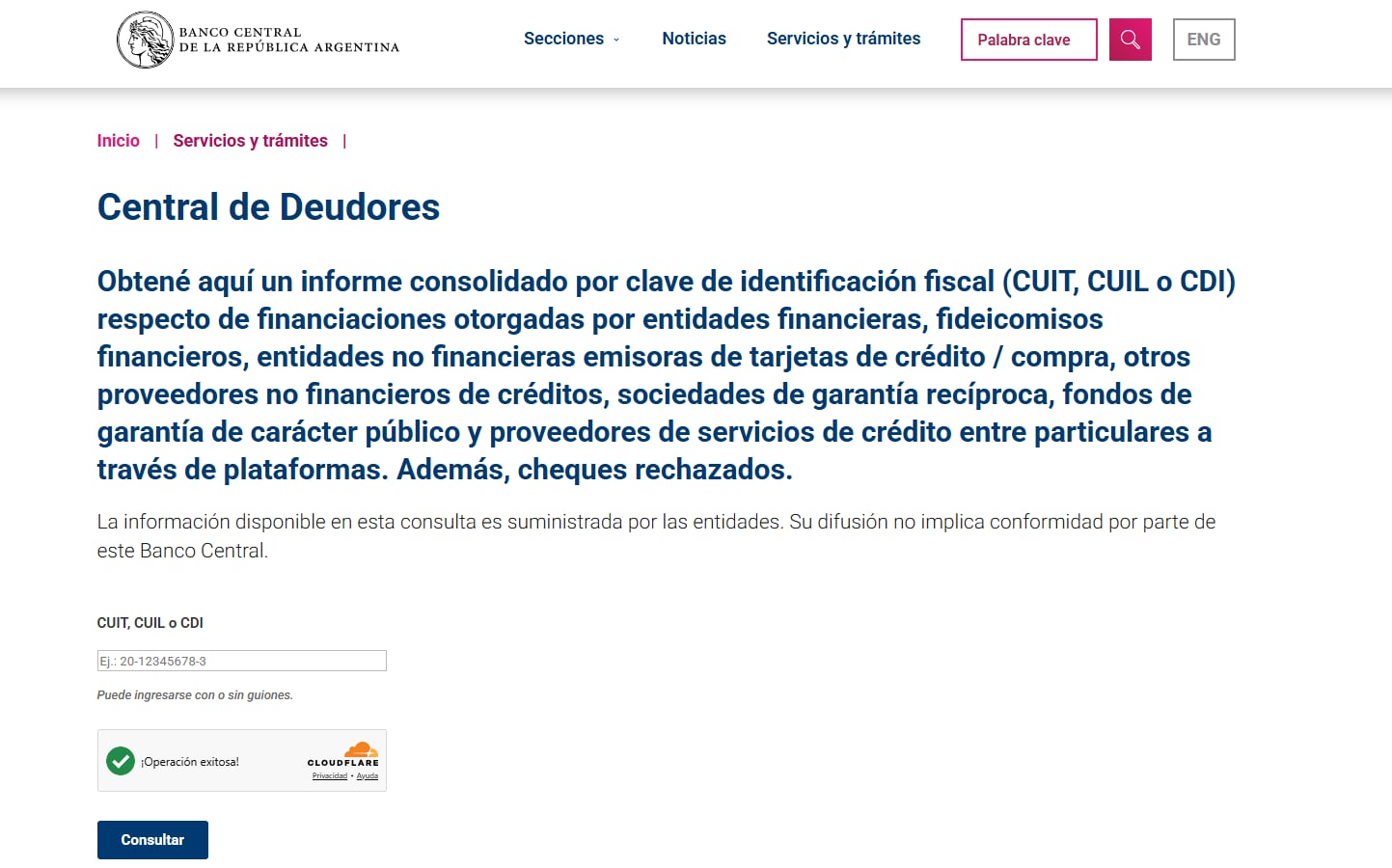 La página web de la Central de Deudores del Banco Central de la República Argentina permite a los usuarios consultar su situación crediticia consolidada de forma rápida y sencilla. (BCRA)