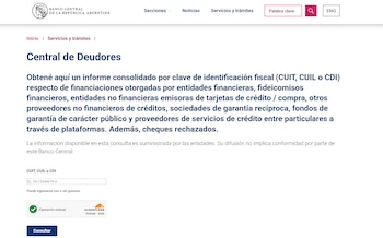 Captura de pantalla de la página web de la Central de Deudores del Banco Central de la República Argentina, mostrando un formulario de consulta