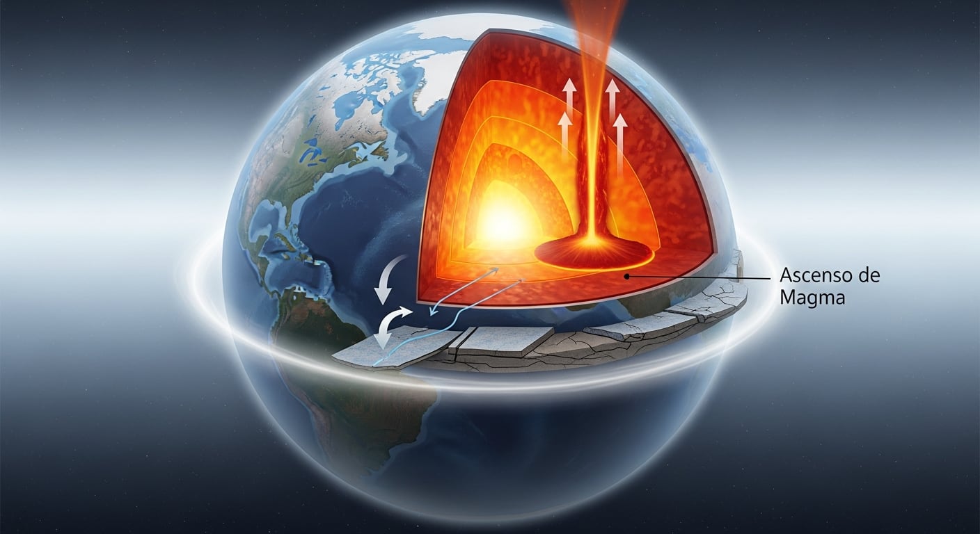 Ilustración de la Tierra mostrando las zonas de subducción de placas oceánicas y continentales, y el ascenso de magma desde el manto terrestre, un proceso clave en la geodinámica del planeta. (Imagen Ilustrativa Infobae)