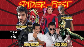 Póster de Spider-Fest con los actores de doblaje Oscar Garibay, Alberto Bernal, Arturo Mercado Jr. y Jesse Conde, junto a imágenes de Spider-Man y Duende Verde.