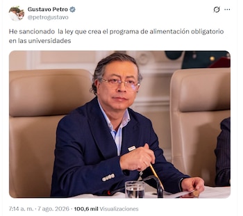 Petro destacó la sanción de la Ley 2618 la mañana del viernes 7 de agosto de 2026 vía X, y antes de que finalice su periodo presidencial - crédito @petrogustavo/X