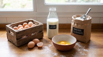 Caja de madera con huevos, dos huevos sueltos, cáscara de huevo, tazón con huevos rotos, botella de leche, bolsa de harina leudante con cuchara metálica, mesa de madera.