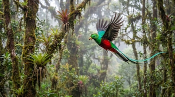 Quetzal resplandeciente con plumas verdes, rojas y azules, y cola larga, en vuelo con insecto en pico. El fondo es un bosque nuboso con árboles musgosos y bromelias.