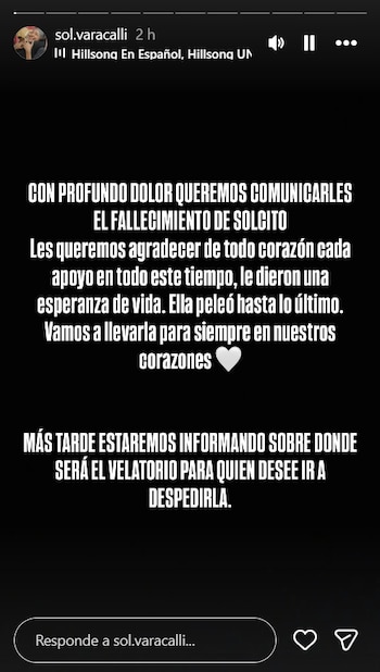 La familia de Sol Varacalli comunicó su fallecimiento por Instagram y agradeció el apoyo recibido durante la enfermedad