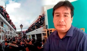 Composición de un hombre de piel morena y cabello oscuro mirando al frente, y una vista aérea de un cementerio lleno de personas en tumbas y pasillos
