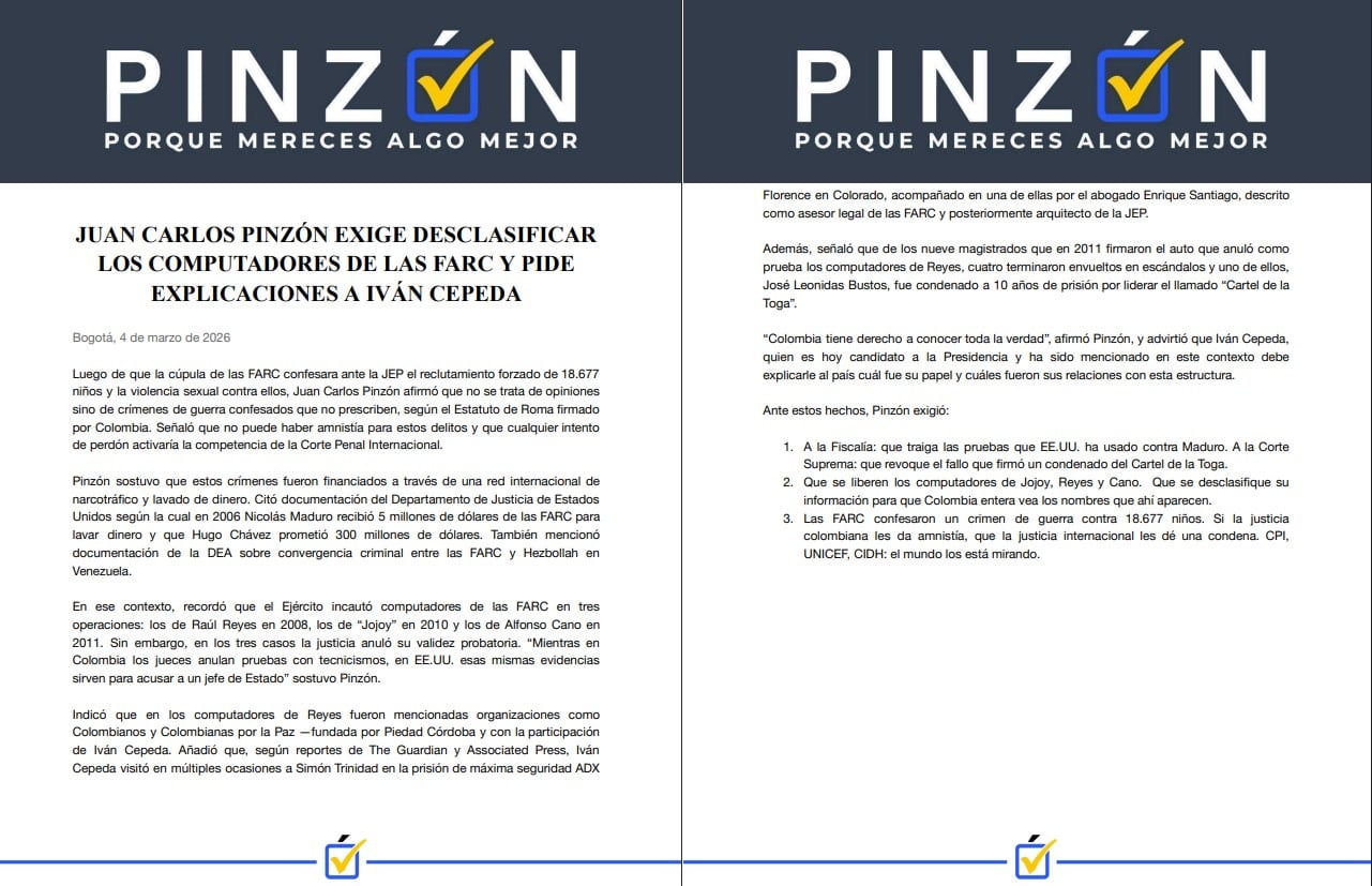 Juan Carlos Pinzón advirtió sobre los riesgos para la verdad judicial si se mantienen ocultos datos relevantes sobre crímenes de guerra y narcotráfico asociados a las Farc - crédito Prensa Juan Carlos Pinzón