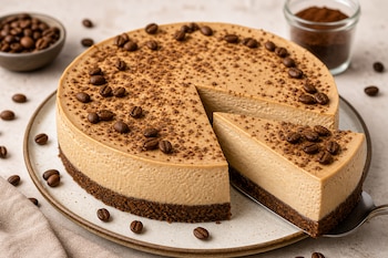 Tarta de queso sobre un plato con una porción extraída en una espátula, granos de café enteros y cacao rallado en la superficie.
