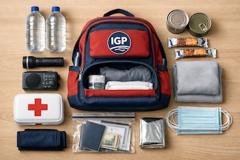 Mochila de emergencia abierta con logo IGP, dos botellas de agua, linterna, radio, dos latas, dos barras, botiquín, manta, manta térmica, mascarillas, documentos y dinero.