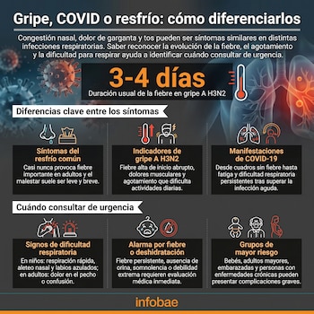 Infografía azul y gris sobre gripe, COVID-19 y resfrío. Muestra iconos de virus, pulmones, síntomas, urgencias y grupos de riesgo, con texto explicativo.