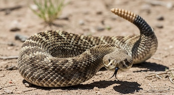 Serpiente de cascabel marrón y beige, con patrones de rombos, enrollada en el suelo arenoso. Su cabeza apunta al frente con la lengua fuera y la cola elevada.