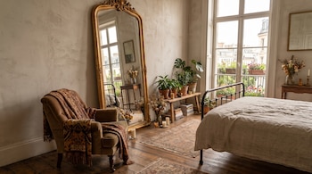 Un dormitorio con una cama, un sillón, un espejo, plantas en maceta, velas, flores secas, un banco de madera, dos alfombras y una ventana con vista exterior.