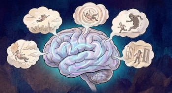Ilustración de un cerebro humano con burbujas de pensamiento. Las burbujas muestran personas volando, cayendo, sintiendo miedo y ansiedad, y en un estado de calma