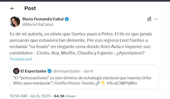 María Fernanda Cabal critica a Juan Manuel Santos - crédito @MariaFdaCabal