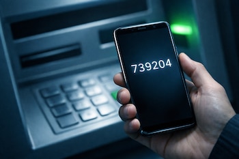 Una mano sostiene un teléfono celular con los números 739204 en pantalla; un cajero automático y su teclado aparecen desenfocados en el fondo.