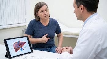 Paciente consulta a médico, señalando su abdomen, con una tableta mostrando un diagrama anatómico del hígado sobre la mesa.
