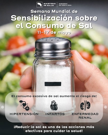 La Organización Mundial de la Salud recomienda solo 5 gramos de sal al día, mientras que Costa Rica duplica este límite saludable. (Cortesía: Ministerio de Salud)