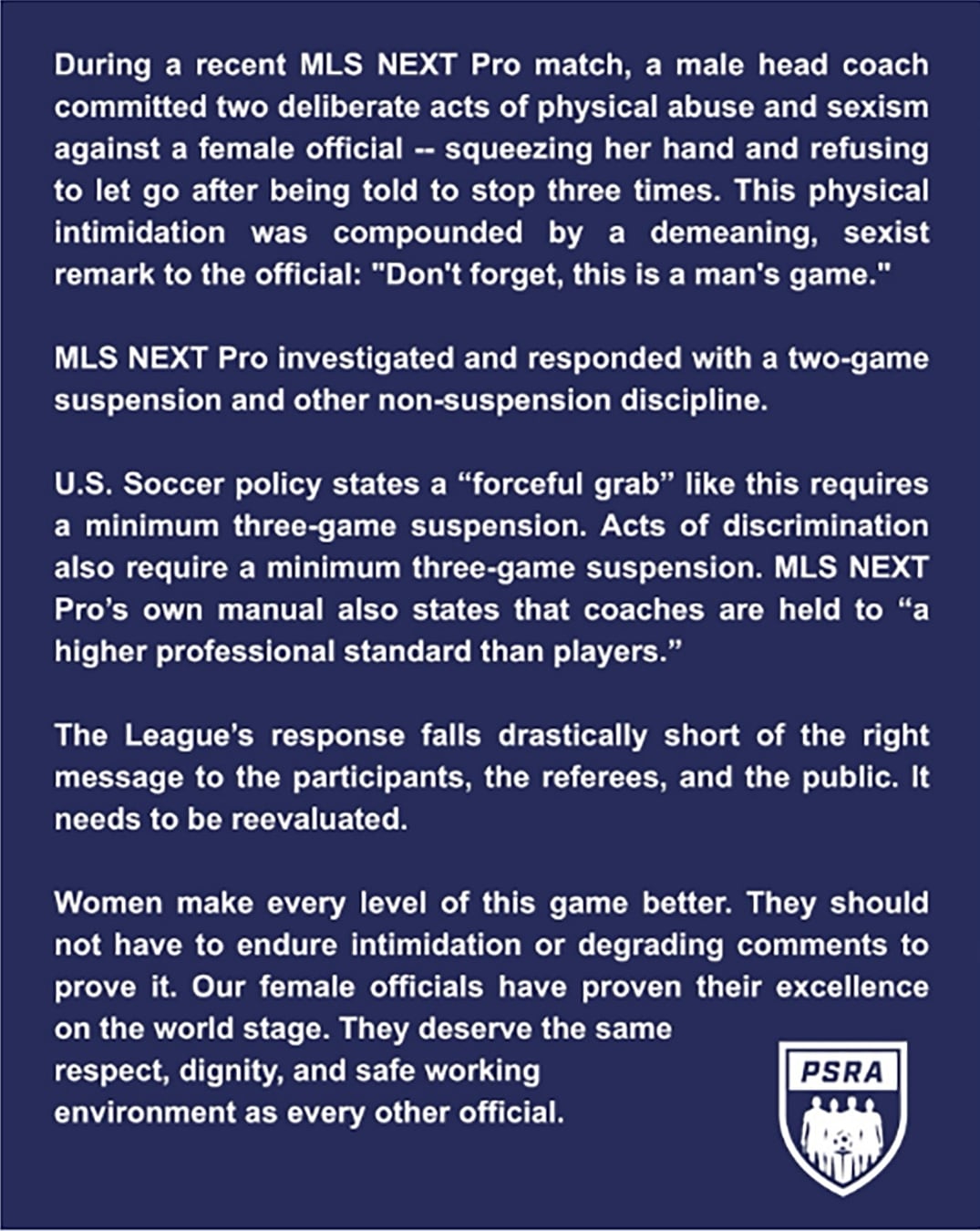 Un comunicado de la Asociación Profesional de Árbitros de Estados Unidos pide revisar la sanción a un entrenador por un acto sexista en un partido de la liga MLS Next Pro.